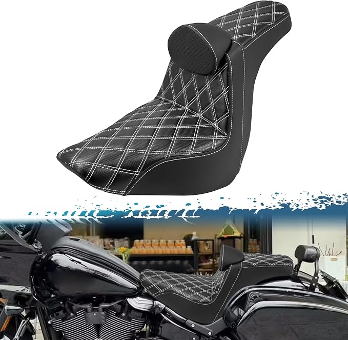 One-Piece Driver Passenger Seat Motorcycle 2-Up Seat with Driver Backrest Cushion Pad Fit for Harley Sport Glide FLSB Low Rider FXLR FXLRS FXLRST 2018-later (White Stitching)
