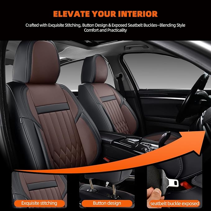 2-Seater Waterproof and Breathable Nappa Leather Car Seat Covers Full Set, Fit for Front Seats of Cars, Compatible with Airbags, Car Seat Protector Covers for Most Cars - Black Coffee