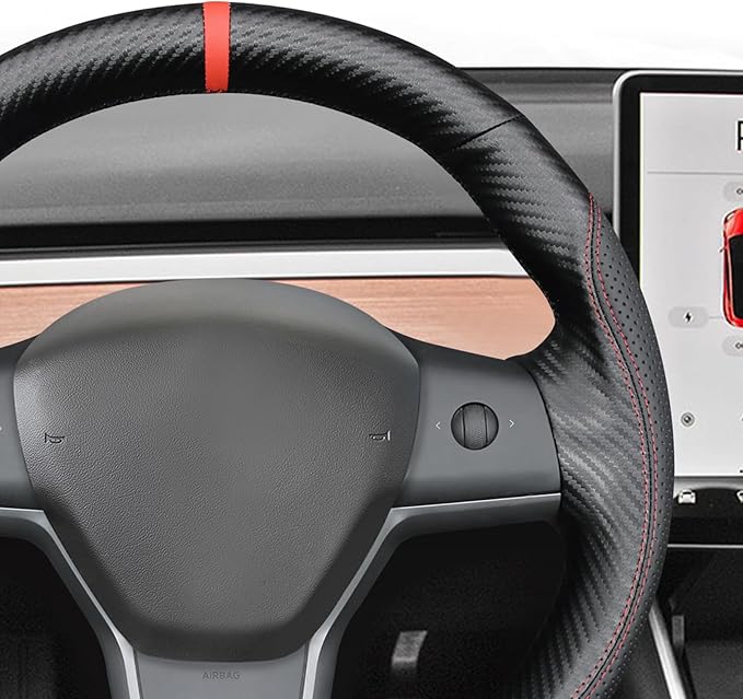 MEWANT Hand Stitch Faux Leather PU Carbon Fiber Steering Wheel Cover Wrap for Tesla Model Y 2023 Tesla Model 3 2020