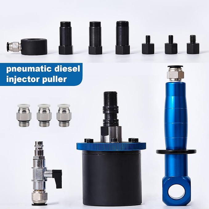 Pneumatic Injector Puller 33-Piece Kit for Diesel Engines – Air Vibration Extractor w/Handle, High-Impact Slide Hammer, 18 Adapters & 3 Hooks, Labor-Saving Removal Tool Set