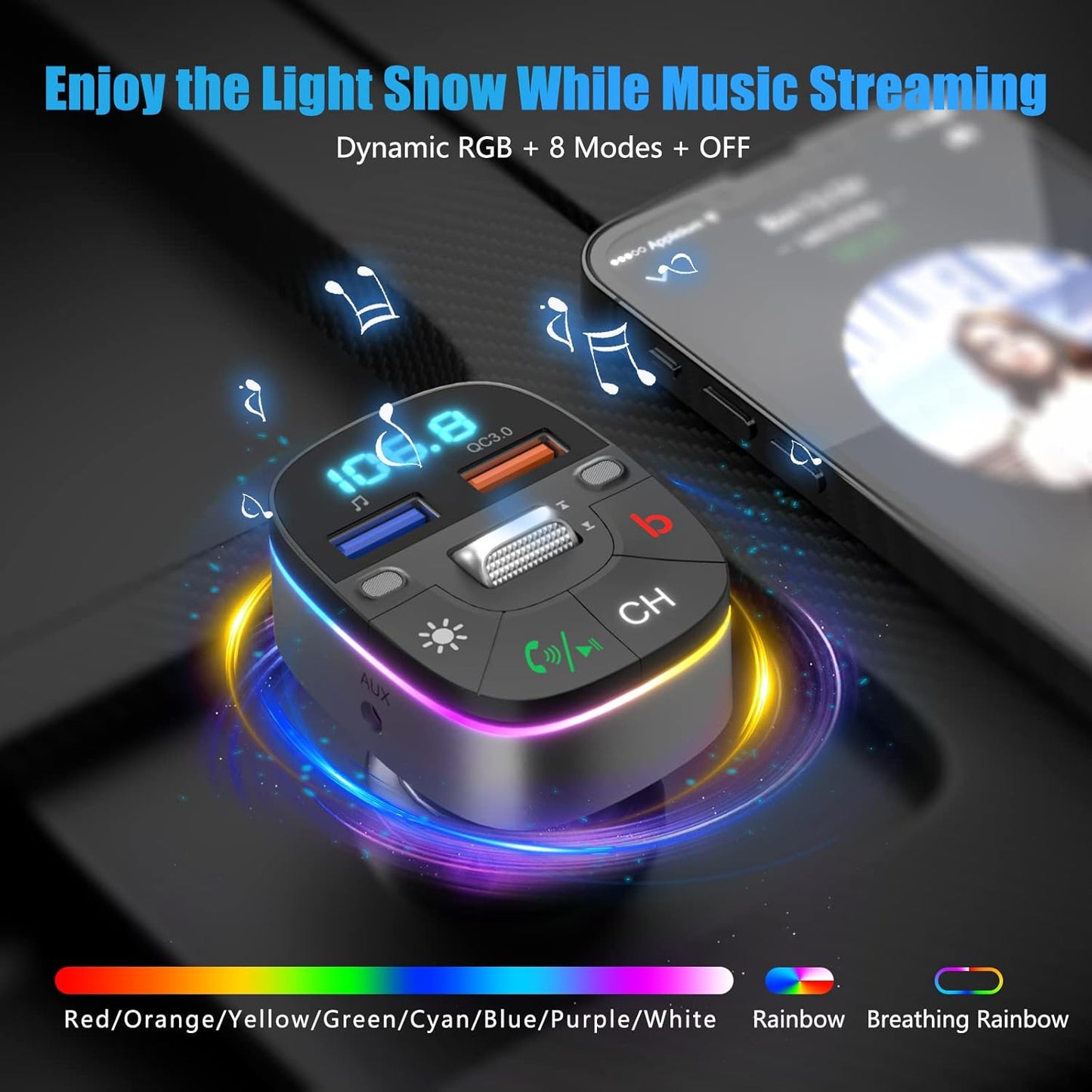 LENCENT Bluetooth Car Adapter, 5.0 Car FM Transmitter with QC3.0 Charger, AUX Bluetooth Radio Music, Wireless Dual Mics, Bass Sound, Cigarette Lighter, & HandsFree, Supports Siri & Google Assistant