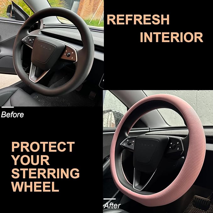 PINCTROT Nappa Leather Steering Wheel Cover for Tesla Model Y/3 Highland/Juniper, D Shaped 14 Inch Small Sized with Breathable Perforation, Fit Like Gloves, Flat Bottom 14 Inch(Nappa Pink)