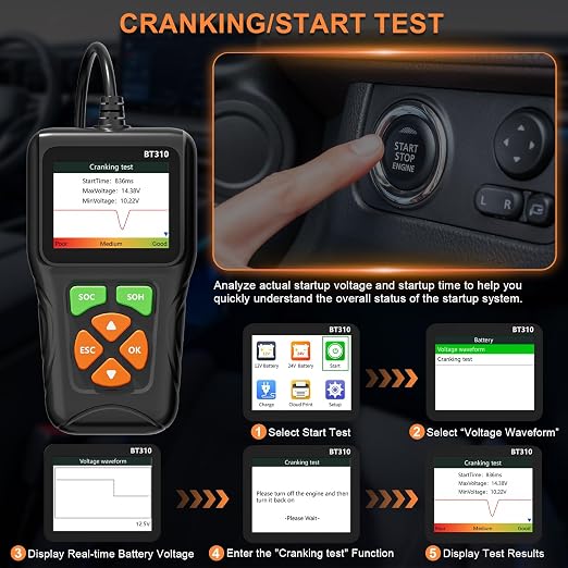 12V/24V Car Battery Load Tester Automotive – 100-2000 CCA Alternator & Charging Analyzer, QR Code Cloud Report No App Needed, for Car Truck SUV Motorcycle Snowmobile Boat