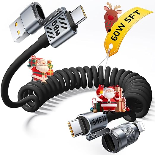Coiled Black Cable 4-in-1 USB C Cable 60W Compatible with Lightning Cable Fast Charging & Data Transfer, Support to CarPlay & Android Auto, 5FT Multi Cord Combo Charger for iPhone/iPad