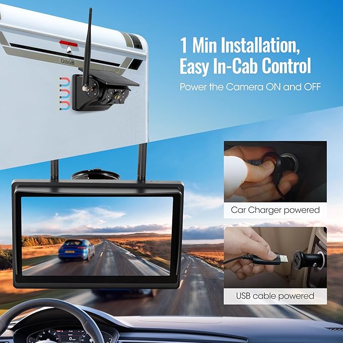 2 Magnetic Solar Wireless Backup Camera System, 7" IPS Touchscreen with DVR, Dual Rechargeable IR Night Vision Rear View Cameras, Zero Wiring for Hitching Trailers/Fifth Wheels/Campers, AH7-2