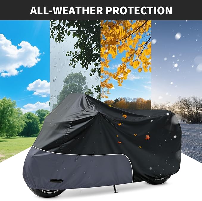 Motorcycle Cover 96 Inch with Relfection Strip, Compatible with Harley Davidson,Yamaha, Honda, Suzuki, Kawasaki All Weather Waterproof Outdoor and Dustproof Indoor, Black&Grey