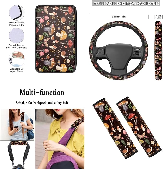 Mumeson Colorful Mushroom Car Accessories Set of 8 Pack Auto Front and Rear Seat Covers with Steering Wheel Cover,Armrest Cushion for Car, Seat Belt Shoulder Pads Set