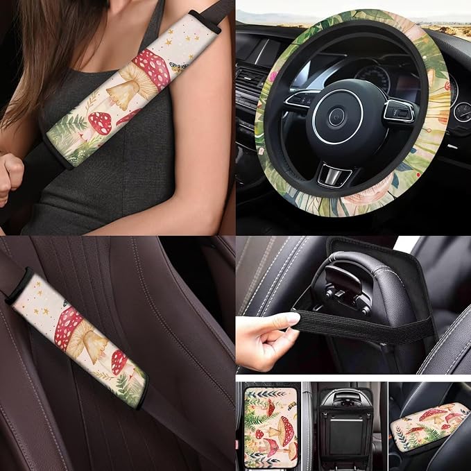 17Pcs Mushroom Car Accessories Full Set for Women Man,Starry Sky Mushroom Car Seat Covers Set for Front and Rear,Steering Wheel Cover Seat Belt Protector Set Car Floor Mats,Easy to Install