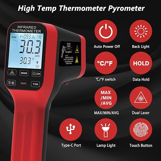 -58°F to 2912°F Infrared Thermometer Gun, Non Contact Digital Laser Thermometer with Bluetooth,for Cooking, Pizza Oven, Engine, USB Rechargeable
