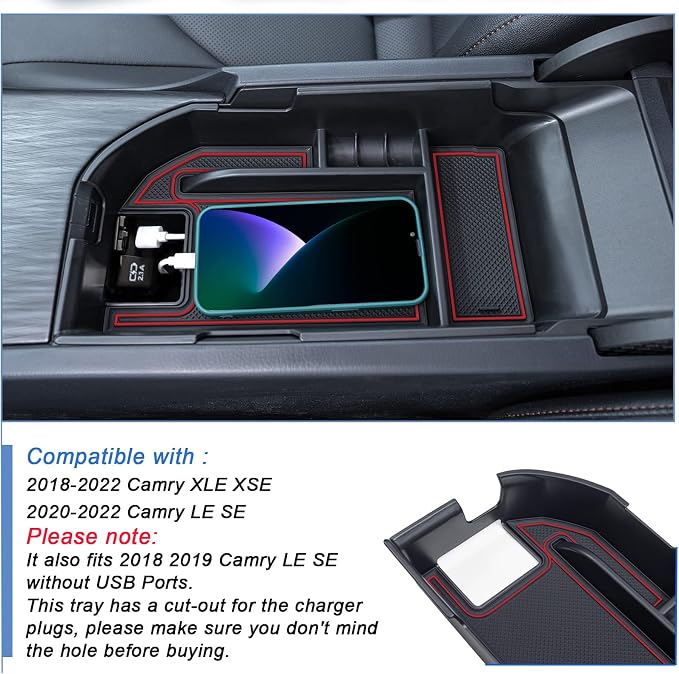 TOPINSTALL Red Center Console Tray and Rubber Liners Compatible with 2018-2024 Camry Accessories, Interior Armrest Storage Console Organizer Non-Slip Cup Holder Door Pocket Rubber Mats