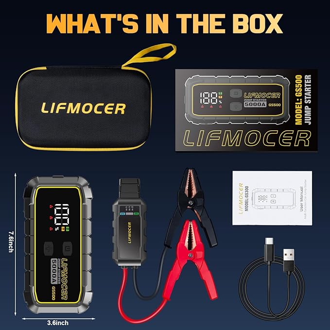 LIFMOCER 5000A Car Jump Starter-GS500 Car Battery Jump Starter for Up to ALL Gas and 10.0L Diesel Engines, 12V Portable Jump Box with Storage Case USB Quick Charge,LCD Display,for Car,Motorcycle,Truck