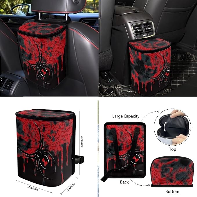 Spider Web Print 10 Pcs Car Accessories Sets Scratch-Resistant 4 Front Rear Seat Covers, 1 Steering Wheel Cover, 1 Vehicle Garbage Can, 1 Air Vent Pouch, 2 Coasters, 1 Keychain