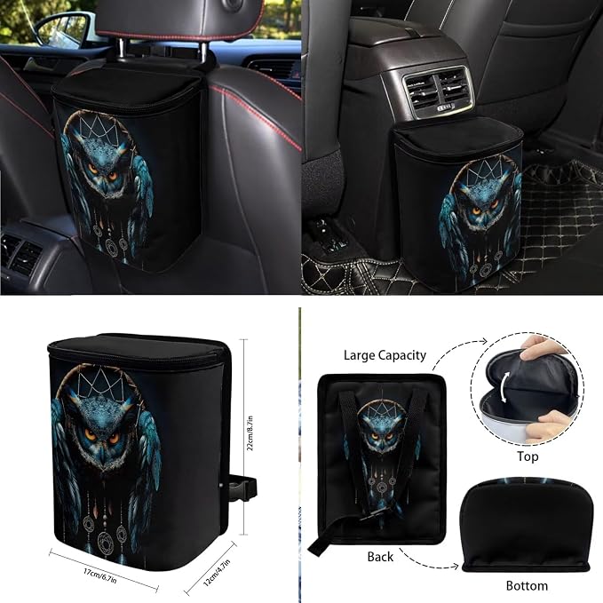Owl Dreamcatcher Print Car Seat Covers Full Set Car Accessories Pack of 10 Steering Wheel Cover Car Trash Can Keychain Air Vent Pounch Bag Cup Holder Interior Covers for Auto