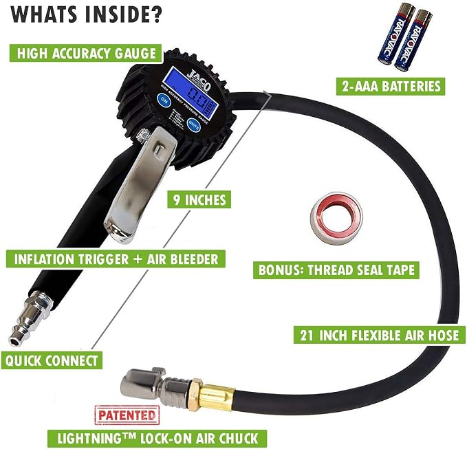 JACO Superior Products FlowPro 2.0 Digital Tire Inflator Gauge (200 PSI) with Add-on Lightning T-Series Dually Air Chuck