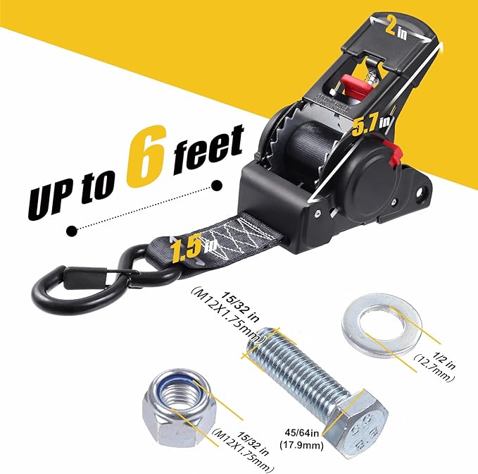 Ayaport Boat Retractable Tie Downs Boat Trailer Straps Ratcheting 1.5 inch x 6ft Bolt-on Transom Tie Down Strap to Trailer - 2200lbs Break Strength, Heavy Duty Ratchet Straps