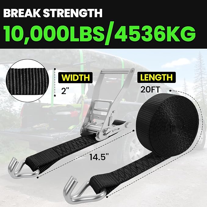 2 Inch Ratchet Straps Heavy Duty -20ft Tie Down Straps with J Hooks - 10,000lb Break Strength Ratchet Tie Down Strap - Black Heavy Duty Ratchet Straps - Cargo Straps for Truck, Lawn Equipment, 4 Pack