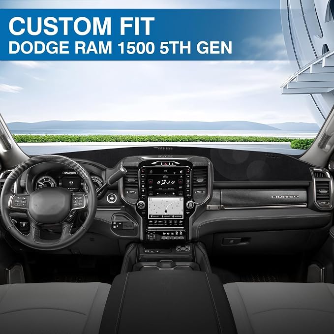 KUST Black Dash Cover for Dodge RAM 1500 2500 3500 2019-2024 2025 2026 Non-Slip Interior for Dodge RAM Accessories Dashboard Cover Custom Fit Dash Mat Sunshade Windshield Glare
