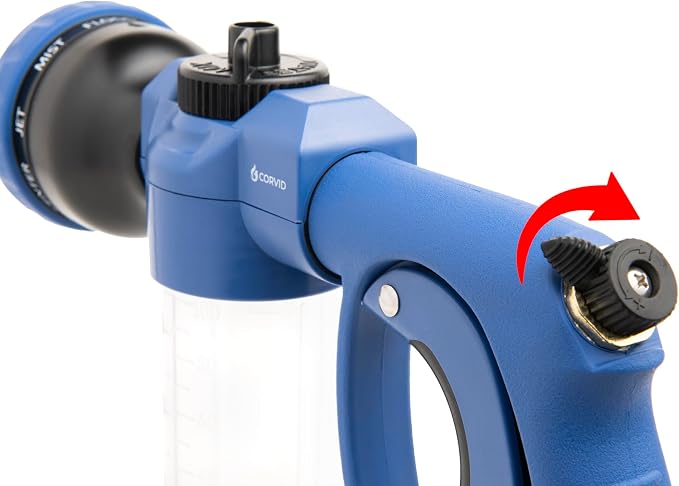 Corvid Adjustable Nozzle with Soap Dispenser, 8-Pattern Spray Hose Nozzle for Cleaning Cars, House, and Pets - Lightweight Plastic Design