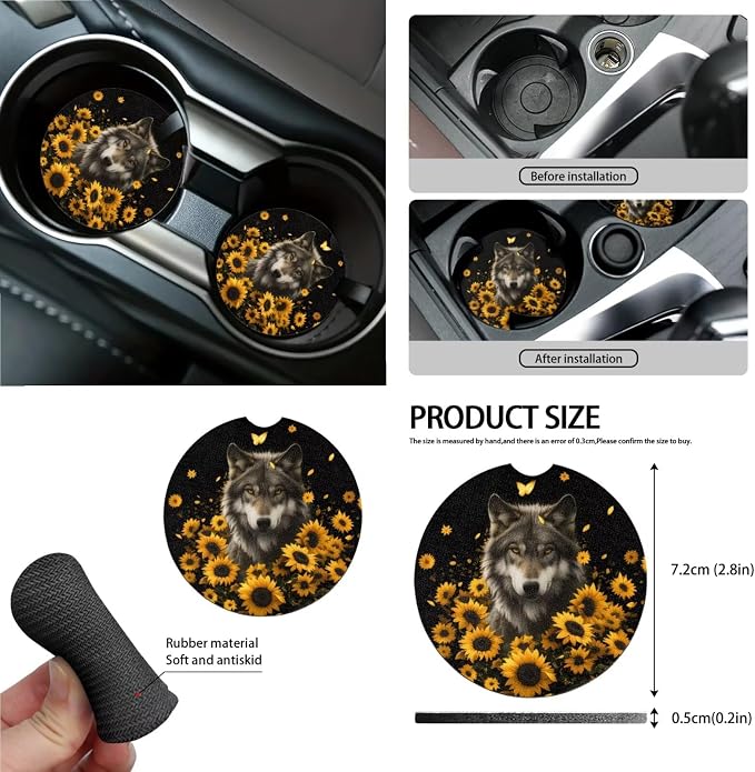 Wolf Sunflower Print Car Seat Covers 15Pcs Full Set Car Steering Wheel Cover Seat Belt Cover Trash Bin Air Vent Storage Box Rear View Mirror Car Cup Holder Keychain, Black