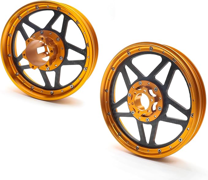 TREAL Losi Promoto MX Front and Rear Wheels(2P), CNC Machined Aluminum w Carbon Rims for Losi 1/4 FXR Motorcycle(Orange)