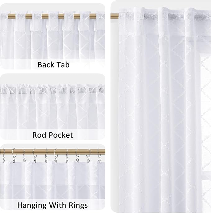 Hokibero Pure White Semi Sheer Curtains 96 Inches Long for Floor Length Living Room Bedroom,Back Tab Rod Pocket Light Filtering Drapes Geometric Embroidered Pattern Dining Room,52 x 96,2 Panels