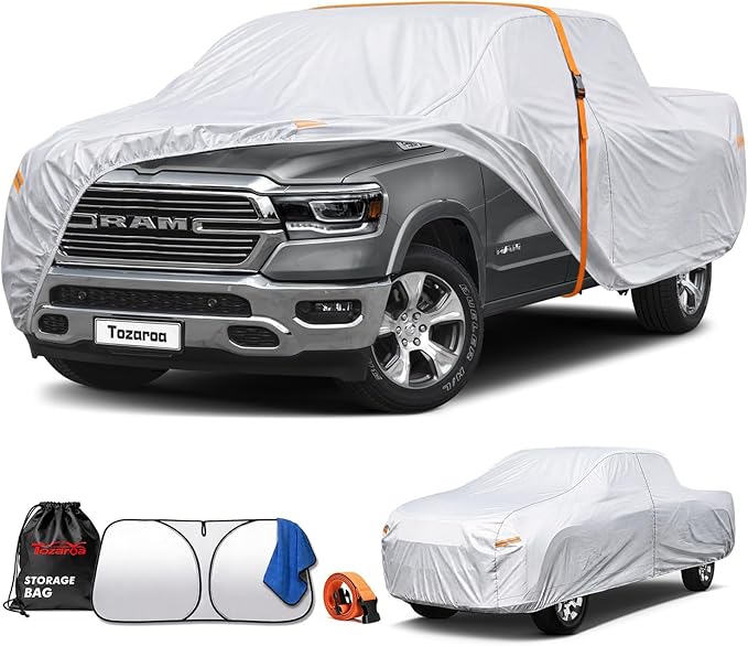Car Cover Waterproof All-Weather,Heavy-Duty Outdoor Full Exterior Automobiles Truck(Length 229-242 inch) Max Cab with Windshield Sun Shade Universal Fit F150 Ram 1500 etc