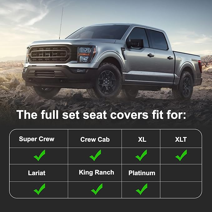 Ice Silk Front Ford F150 Seat Covers SuperCrew 2009-2026 Lightning | F250/F350/F450 Seat Covers 2017-2026 XL XLT Lariat Platinum King Ranch Limited STX Raptor SVT Raptor Tremor,Airbag Safe Black