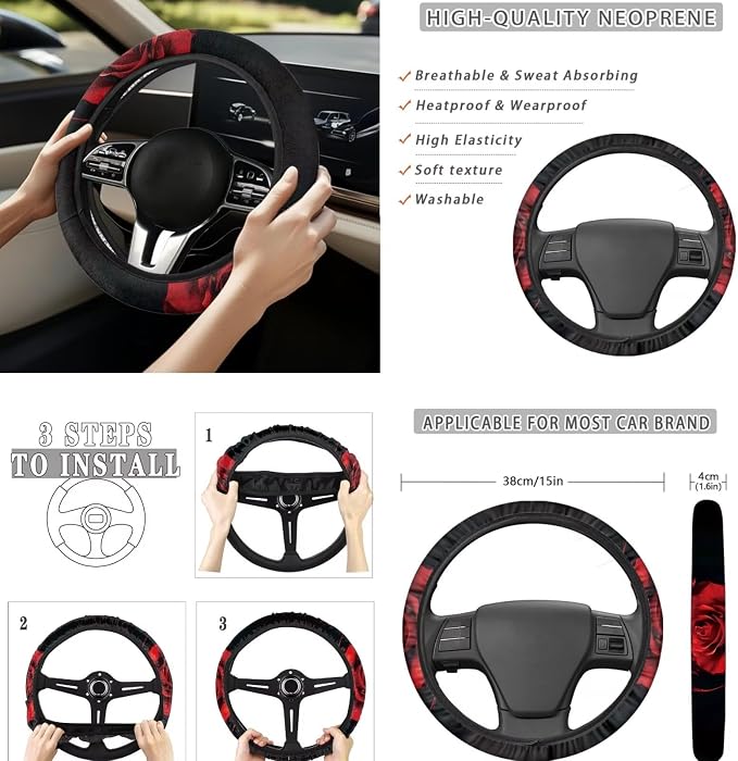 Red Rose Car Seat Covers Full Set 8 Pcs Car Accessories for Women Front Seat Cover Steering Wheel Armrest Cover Seat Belt Cover for Auto SUV Interior Decoration