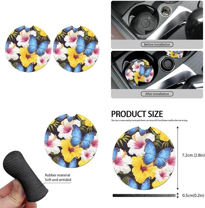 Hibiscus Seat Covers for Cars 13 Pcs, Blue Morpho Car Interior Accessories Auto Center Console Pad, Colorful Tropital Floral Butterfly Cover for Cars Interior Universal