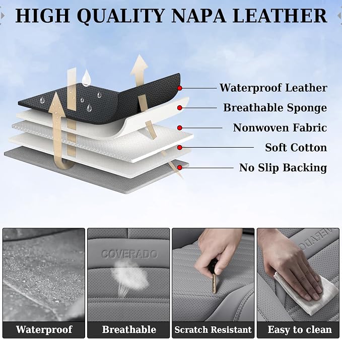 Coverado Seat Covers, Car Seat Covers Front Seats, Automotive Seat Covers, Waterproof Nappa Leather Car Seat Cover, Car Seat Cushion, Gray Seat Covers Carseat Cover Universal Fit for Most Cars