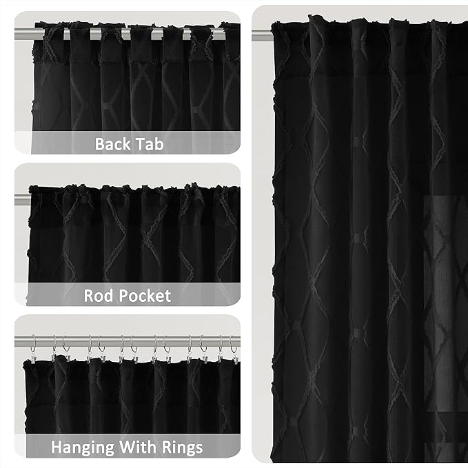 Black Sheer Curtains 90 Inches Long for Living Room 2 Panels Set Rod Pocket Back Tab Semi Sheer Light Filtering Privacy Curtain Modern Farmhouse Embroiderd Textured Rustic Drapes for Bedroom 52x90