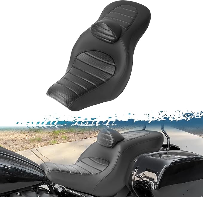 One-Piece Driver Passenger Seat Motorcycle 2-Up Seat with Driver Backrest Cushion Pad Compatible with Harley Softail Sport Glide FLSB Low Rider FXLR FXLRS FXLRST 2018-Later (Black Stripe Stitching)