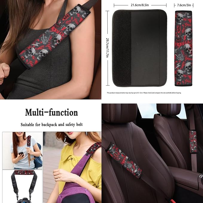 Halloween Skull Print Car Interior Accessories Set of 8, Car Seat Cover Full Set with Steering Wheel Cover, Center Console Pad, Seat Belt Pads, Universal Fit Cars SUVs Trucks