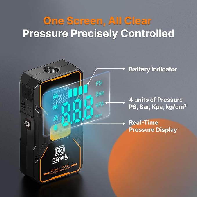 Jump Starter with Air Compressor, Portable 2000A Car Battery Jump Box for 7.0 Gas/6.5L Diesel Vehicles, 150 PSI Tire Inflator Auto-Shut Off, Reverse Polarity Protection,3-Mode Emergency Light