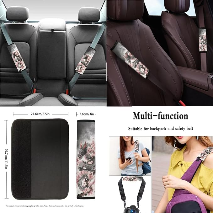 Xoenoiee Cool Dragon Cherry Blossom Print Car Seat Covers and Accessories, Front Rear Seat Covers, Steering Wheel Cover, Seat Belt Pads, Coasters, Keychains for Car SUV Decor, 11 PCS Set