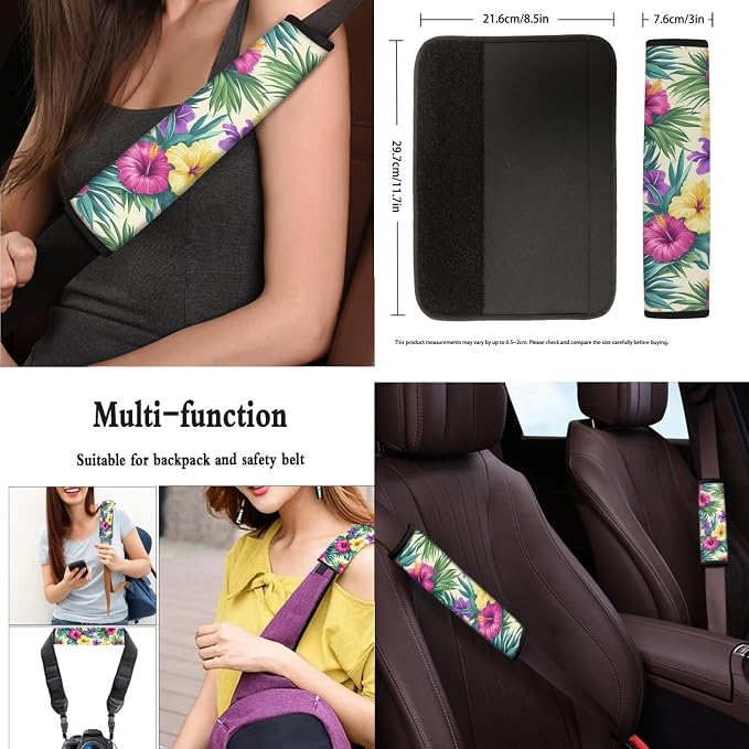 Hibiscus Seat Covers for Cars 13 Pcs, Colorful Tropital Flower Car Interior Accessories Auto Center Console Pad, Ocean Island Plants Cover for Cars Interior Universal Fit