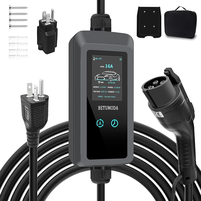 Level 1 EV Charger - 2.8 Inch LED Touch Screen, 25FT, 110V/240V, 16 Amp, and NEMA 6-20 & NEMA 5-15 Plug Adapter - Portable Electric Car Charger for J1772 EVs and Plug-in Hybrid Vehicles