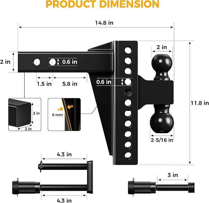 CAMMOO Adjustable Trailer Hitch, Tow Hitch Fits 2 inch Receiver, 8 inch Rise/Drop Hitch, 2" and 2-5/16" Ball Hitch, 20000 LBS GTW Truck Hitch with U-Shaped Alloy Steel Anti-Theft Pin, Black, ML-2080