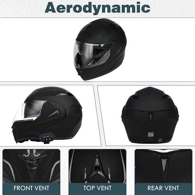 Motorcycle Bluetooth Modular Helmet, DOT Approved Dual Visor Full Face Flip Up Bluetooth Integrated Motorcycle Helmet for Adults Men and Women