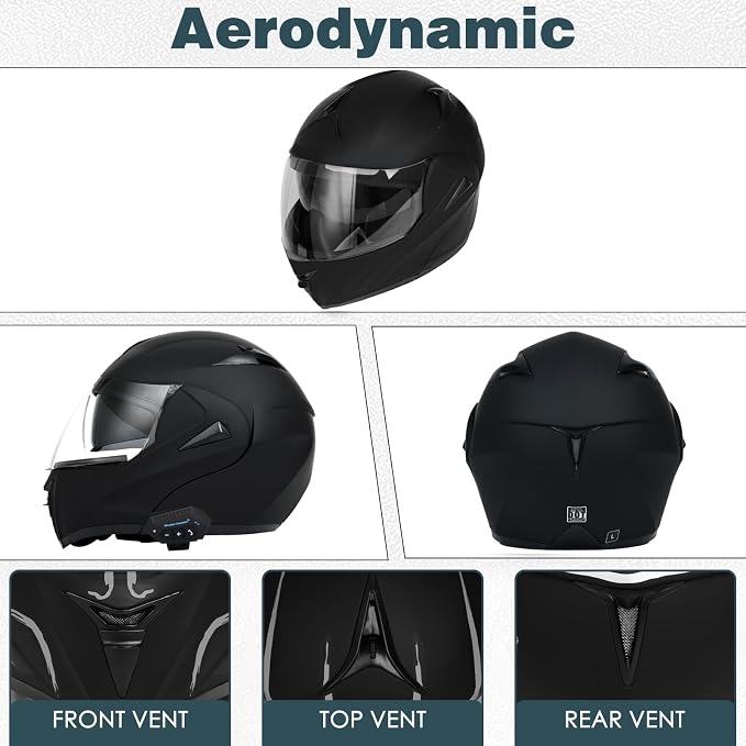 Motorcycle Bluetooth Modular Helmet, DOT Approved Dual Visor Full Face Flip Up Bluetooth Integrated Motorcycle Helmet for Adults Men and Women