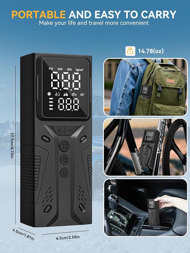 Tire Inflator Portable Air Compressor, High-Speed 150PSI Cordless Air Pump for Car Tires with Powerful Battery, Auto Shut-Off - Portable Tire Pump for Car, Bike, Motorcycle and Balls