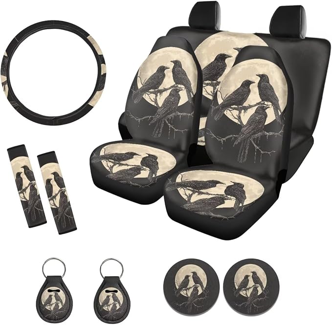 Suobstales Raven Moon Print Car Accessories with Car Front Rear Split Seat Covers, Seat Belt Pads + Steering Wheel Cover + Coaster + Keyrings for Women Set of 11-Pcs