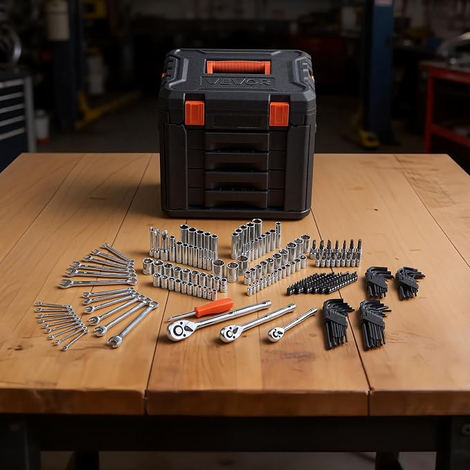 VEVOR Mechanics Tool Set, 230-Piece Mechanic Tool Kit, 1/4 in, 3/8 in, and 1/2 in Drive, SAE and Metric Socket Set, Wrenches, Screwdriver Bits, Accessories, and Storage Case, for Automotive Repair