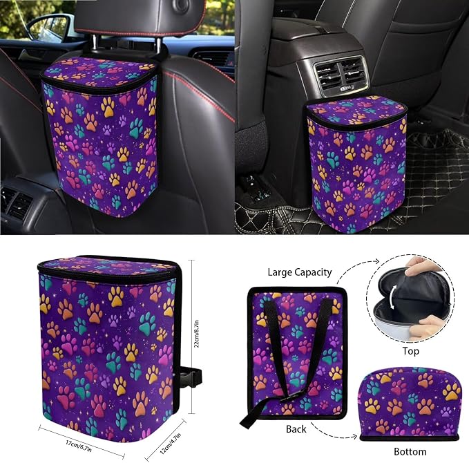 Dog Paw Print Car Interior Covers Full Set 15Pcs Universal Car Front and Rear Seat Covers with Steering Wheel Cover Safety Belt Pads Inside Rearview Mirror Cover Cup Mats