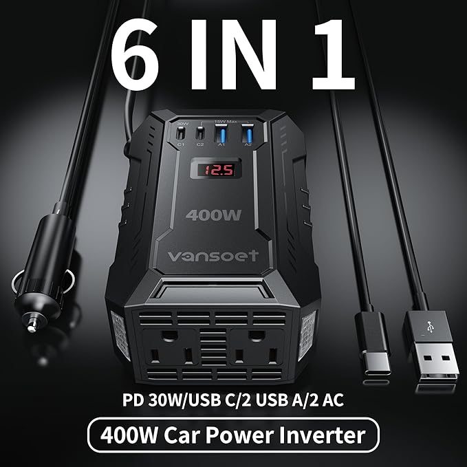 400W Car Power Inverter DC 12V to 110V AC Inverter with PD 30W/15W USB C+2*USB A Ports & 2 AC Outlets, Car Plug Adapter Outlet for Laptop/Phone/Road Trip