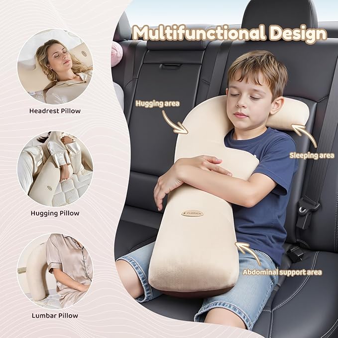 FLORICH Memory Foam Kids Travel Pillow, Car Sleeping Pillow, F-Shape Car Pillows for Adults and Children, Traveling Car Pillow for Kids with Removable Pillowcase (Dark Beige)
