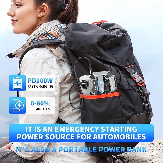 Car Battery Jump Starter 2000A with USB C 100W Fast Charge IP67 Waterproof Battery Jumper Starter Portable for Car Emergency Magnetic Hook Led Lights Outdoor Camping Traveler Boat SUV Truck