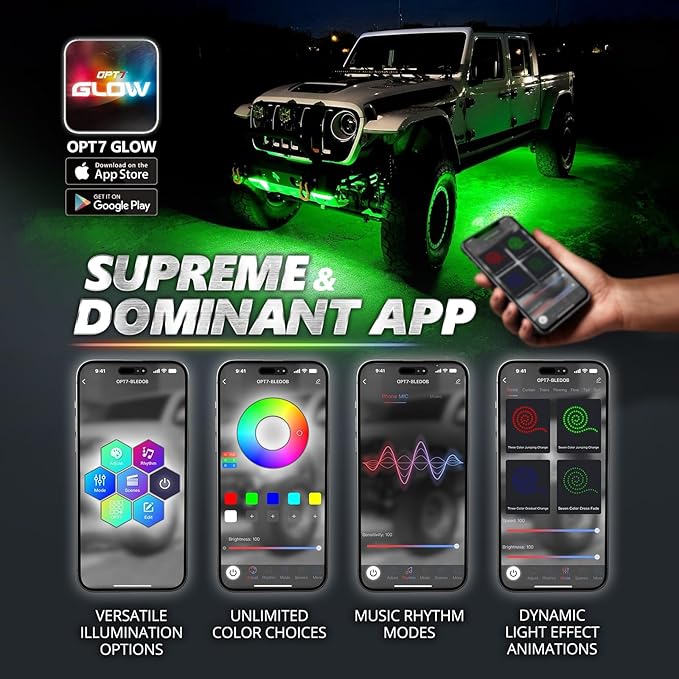 OPT7 10ft Extension Wire & Underglow Bundle Kit with App Control, RGB Multicolor Modes, Music Sync, Truck LED Light Bar Decoration Accessories for Tacoma 4Runner F150