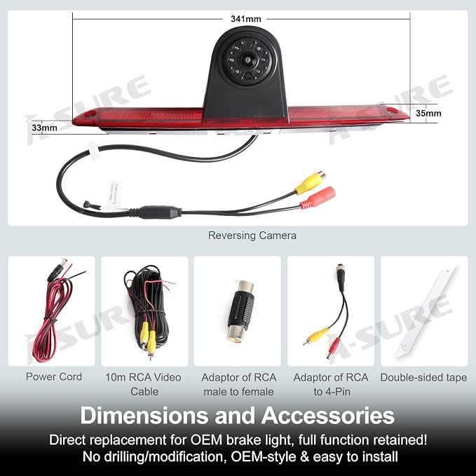 ASURE 3rd Third Brake Light Backup Camera for Mercedes Sprinter NCV3 2006-2018 - 1080P HD Rear View Camera, 170° Wide Angle Night Vision IP67 for VW Crafter Dodge Freightliner Sprinter