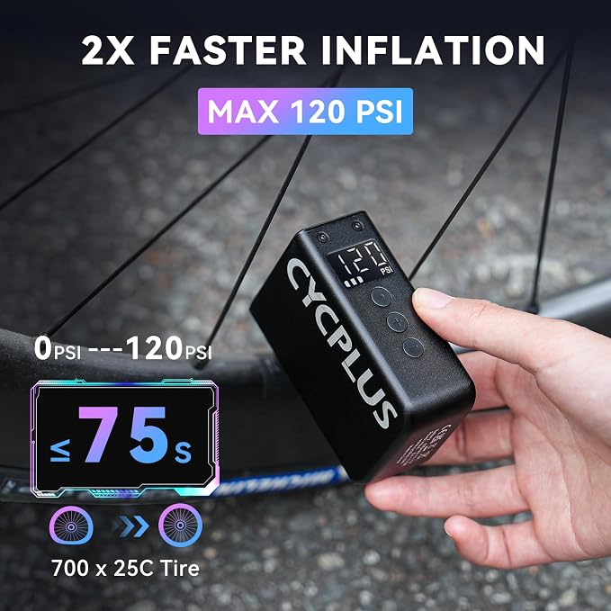 CYCPLUS AS2 Pro Max Tiny Pump Mini with Gauge, Max 120 PSI Cordless Bicycle Air Pump, Auto Stop, with Presta and Schrader Valve for Car, Motorcycle, Bike and Ball